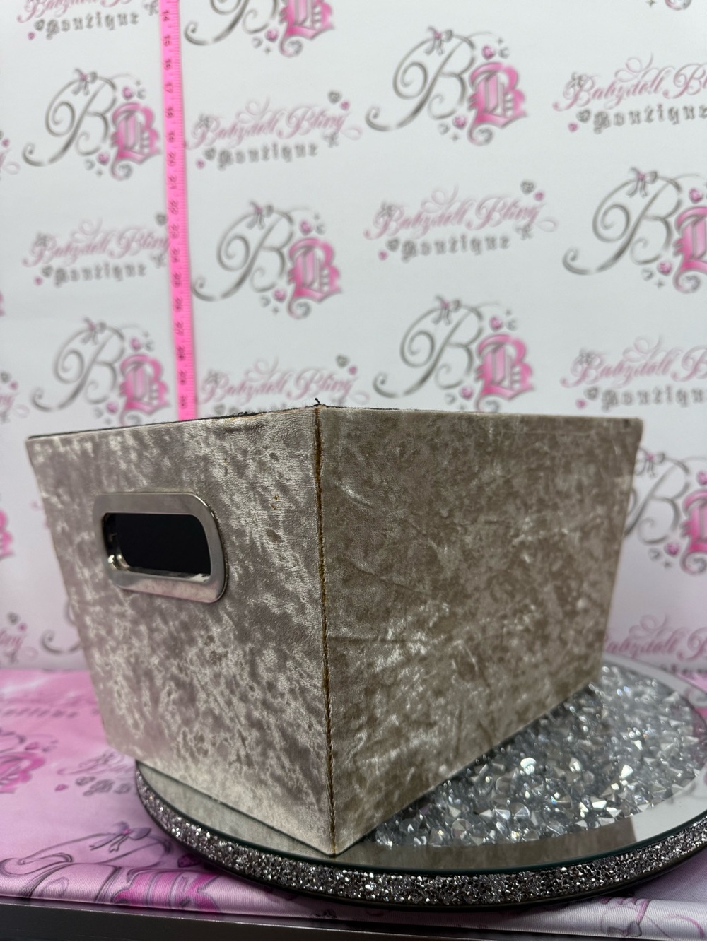 Storage bin shiny metal handles Velvet Fabric Storage Bin - Taupe